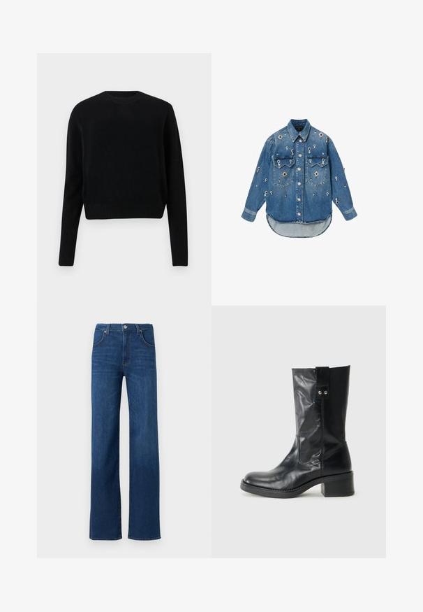 Sort kortærmet sweater lavet af strikket stof. Har rund hals og ribbede manchetter og kant. Enkel, klassisk design uden mønstre eller udsmykninger.; Lyseblå denimskjorte med lange ærmer, to brystlommer og blomsterudsmykninger. Buet kant, knappelukning foran og spids krave.; Blå denimjeans med lige ben, klassisk fem-lomme design og metalknaplukning ved linningen.; Sort læder ankelstøvle med rund tå, en beskeden stak hæl og en dekorativ sideflap. Materialet har en glat, poleret overflade.