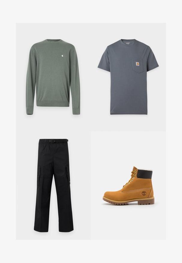 Groene gebreide trui met lange mouwen, ronde hals, geribbelde manchetten en zoom. Heeft een klein wit merklogo op de linkerborst.; Grijs T-shirt met korte mouwen en een voorzak met een klein vierkant Carhartt-logo op de borst.; Zwarte cargobroek met een wijde pasvorm, een verstelbare tailleband met een gesp en twee zijzakken voor opslag. Lichtgewicht stof.; Bruine leren enkellaars met metalen oogjes, witte faux bont voering, zwarte gewatteerde kraag, robuuste zool en een reliëflogo aan de zijkant.