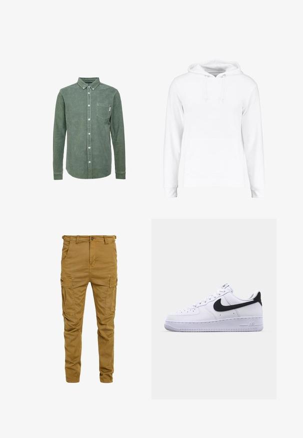 Haut à capuche blanc en matériau doux, comprenant une poche kangourou, des cordons au niveau du cou, et des poignets et un ourlet côtelés. Texture lisse.; Chemise en velours côtelé vert avec un col boutonné, des manches longues, une poche sur la poitrine gauche et des boutons blancs. Finition texturée.; Pantalons cargo kaki en coton robuste, dotés de plusieurs poches latérales, d'une fermeture à bouton et d'un design de jambe légèrement fuselée.; Sneaker en cuir blanc avec un Swoosh noir texturé, des lacets plats et une semelle en caoutchouc avec un motif strié. "AIR" est embossé sur le talon.