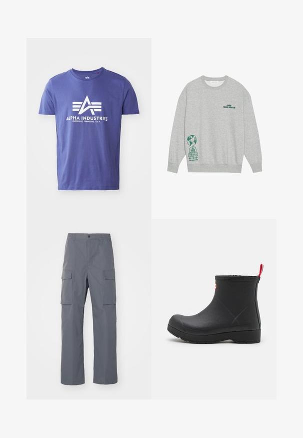 Grauer Sweatshirt mit langen Ärmeln, Rundhalsausschnitt und grünen Druckgrafiken, einschließlich "1989 RISE ABOVE" und einem Globusdesign.; Lila Baumwoll-T-Shirt mit kurzen Ärmeln, das ein weißes Logo mit "ALPHA INDUSTRIES" und einem geometrischen Design zeigt.; Grau Cargo-Hosen aus strapazierfähigem Stoff. Zu den Merkmalen gehören ein elastischer Bund, zwei große Seitentaschen und ein gerader Schnitt.; Schwarzer Gummistiefel bis zum Knöchel mit glatter Textur, runder Zehenpartie und einem roten Ziehschlaufen hinten. Verfügt über eine niedrige, robuste Sohle für Langlebigkeit.