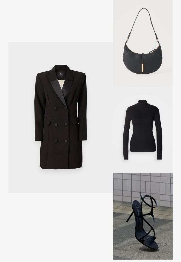 Sort turtleneck sweater lavet af let strikket stof. Har lange ærmer, et tætsiddende design og en blød ribbet tekstur.; Dobbeltbreasted sort blazer kjole lavet af glat stof, med satin klap, to klaplommer og seks frontknapper.; Sort højhælet sandal med tynde remme og ankelspænde, placeret oprejst på grå fortov nær flisebelagt væg baggrund.; Sort håndtaske formet som en halvmåne med en enkelt rem, guld lynlås og en guldfarvet rektangulær dekorativ fane foran.