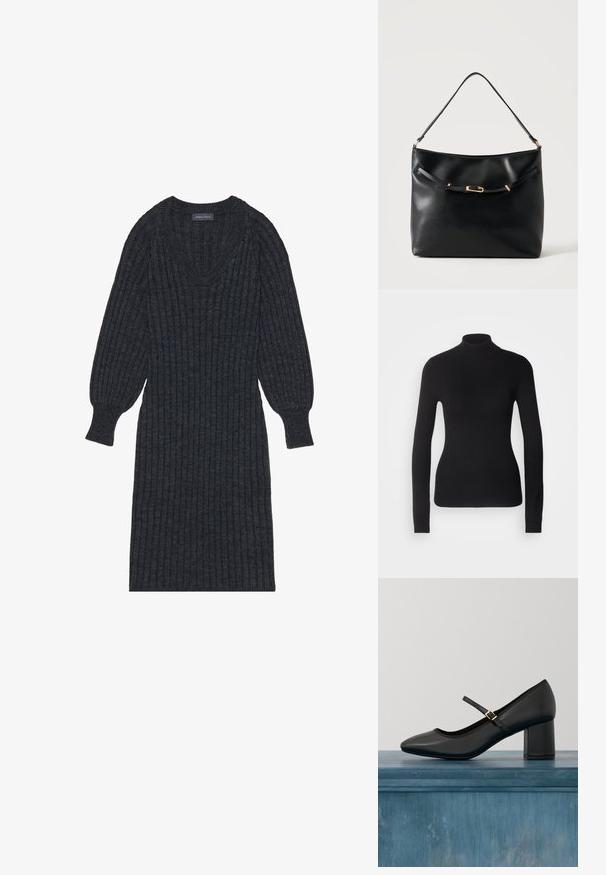 Sort turtleneck sweater lavet af let strikket stof. Har lange ærmer, et tætsiddende design og en blød ribbet tekstur.; Mørkegrå strikket kjole med V-udskæring og lange, ballonformede ærmer. Har en tætsiddende talje og tekstureret stof for varme.; Sort Mary Jane-sko med blokhæl og guldfarvet spænde, svævende over et glat betongulv i en minimalistisk indendørs setting.; Sort skuldertaske i læder med en enkel strop og en lille guldlåsdetalje foran mod en ensfarvet lys baggrund.