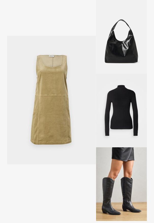 Mustem turtleneck-sviiter, mis on valmistatud kerge kudumiskangast. Omab pikki varrukaid, slim-fit lõiget ja pehmet soonikut.; Olive rohelise värvi puuvillane ilmavarrukatega kleit, millel on ümar kaelus, põlveni ulatuv lõige ja tagasihoidlik vertikaalne roovitud tekstuur.; Mustad põlvekõrgused saapad, mis on valmistatud siledast nahast, terava toe, madala plokkkontsaga ja külgseppadega mugavaks selga panemiseks.; Mustast nahkloomast hobokott, millel on pehme, läikiv tekstuur ja ümar avatud ülemine osa. Omab laia, kõverat rihma kandmiseks. Ei ole nähtavat riistvara.