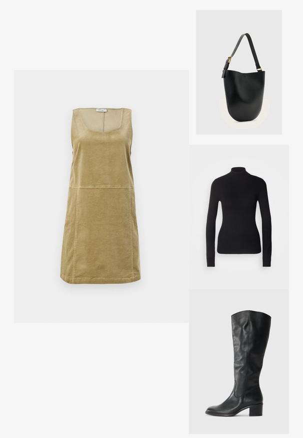 Suéter negro de cuello alto hecho de un tejido de punto ligero. Presenta mangas largas, un diseño ajustado y una suave textura acanalada.; Vestido sin mangas de pana en verde oliva, con escote redondo, corte a la altura de la rodilla y sutil textura de canalé vertical.; Bota de cuero negro hasta la rodilla con punta redondeada, tacón bajo tipo bloque y costuras en el eje. Textura suave, diseño minimalista.; Bolso tipo cubo de cuero negro con correa de hombro ajustable y hebilla de tono dorado sobre un fondo liso gris claro.