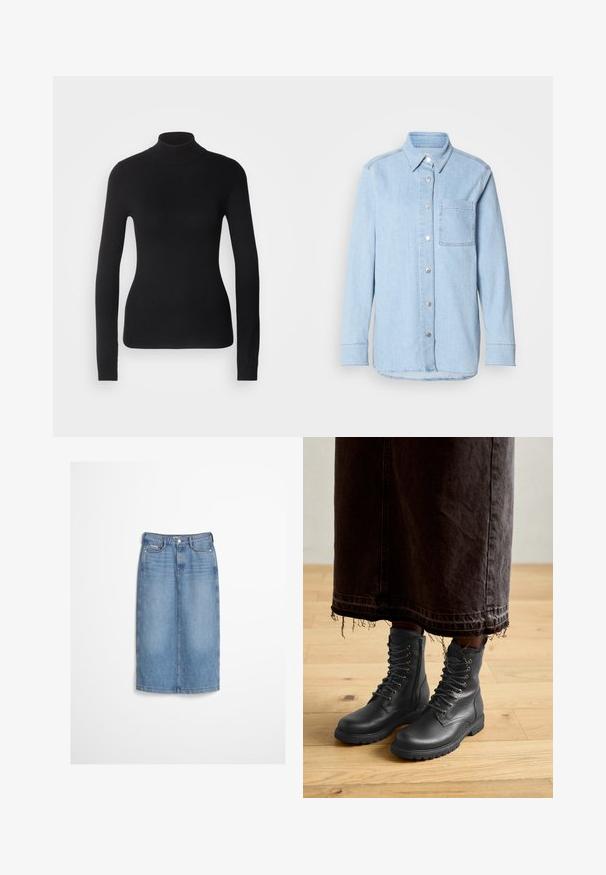 Mustem turtleneck-sviiter, mis on valmistatud kerge kudumiskangast. Omab pikki varrukaid, slim-fit lõiget ja pehmet soonikut.; Heledsinine denimsärk nööpidega ees, terava kraega, ühe rinna- taskuga ja pikkade varrukatega, millel on nööbid mansettides.; Hele sinine teksaseelik esinupu ja vööaasadega, kantud tumeda tekstuuriga kampsuniga.; Mustad musta nahast nööbitavad saapad tekstuuriga pinnaga, keskmise sääre kõrgusega, ümmarguse ninaga ja rohtunud tallaga, kombineeritud tumehalli kulunud denimpoolikutega.