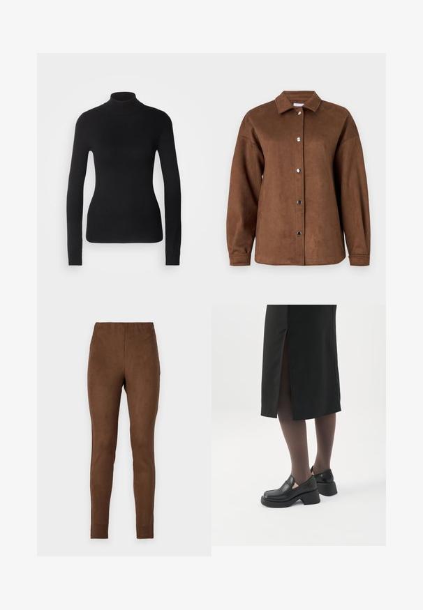 Mustem turtleneck-sviiter, mis on valmistatud kerge kudumiskangast. Omab pikki varrukaid, slim-fit lõiget ja pehmet soonikut.; Pruun faux sametist särgijakk, millel on krae, pikad varrukad ja nööbiklõpsud. Sile tekstuur ja vabalt langev lõige.; Pruunid leggingud, mis on valmistatud pehmest, sametise tekstuuriga materjalist; lähedane disain, sile tekstuur ja elastne vöökoht mugavuse tagamiseks.; Naine, kes kannab musta kõva kontsaga loafer-kingi, läbipaistvaid musti sukkpükse ja musta seelikut tagumise lõhikuga valgel taustal.