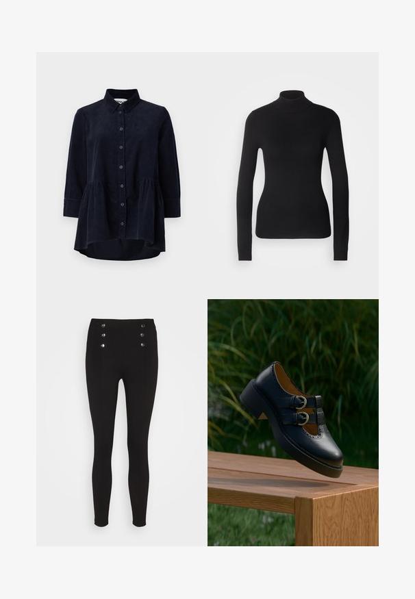 Zwarte coltrui gemaakt van lichte brei stof. Heeft lange mouwen, een aansluitend design en een zachte ribbeltextuur.; Marineblauwe corduroy blouse met een knoopsluiting aan de voorkant, kraag en driekwartmouwen. Bevat een peplum-stijl gerimpelde zoom en een zachte textuur.; Zwarte leggings met een hoge taille, voorzien van vier metalen knopen aan de voorkant. Gemaakt van rekbaar materiaal, ze hebben een elegante, aangesloten pasvorm.; Zwarte leren schoen met dubbele gesp en geperforeerde details die boven een houten bankje buiten zweeft met groen gras en planten op de achtergrond.