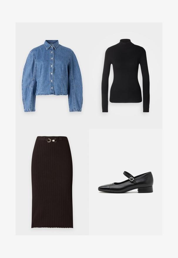 Mustem turtleneck-sviiter, mis on valmistatud kerge kudumiskangast. Omab pikki varrukaid, slim-fit lõiget ja pehmet soonikut.; Heledatud teksajakk helesinises toonis, millel on nupuline eesmine osa, terav krae ja puffivarrukad koos külgõmblustega.; Mustast ribastatud pliiatsseelik vöökohal metallist pandlaga vöö, tekstuurse kangaga, põlveni ulatuva lõike ja lainelise äärega.; Mustat nahast Mary Jane kingad, millel on patendist varvas, reguleeritav pahkluu rihm ja madal plokktald. Sile tekstuur ja stiilne disain.
