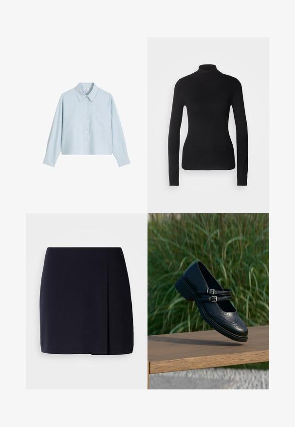 Pull à col roulé noir en maille légère. Il possède des manches longues, une coupe ajustée et une texture côtelée douce.; Chemise bleue claire courte à boutons, manches longues, col classique, poche avant et texture de tissu lisse.; Une mini-jupe noire à silhouette droite, fabriquée en tissu doux, avec un pli latéral pour un détail supplémentaire et un ourlet net.; Chaussure Mary Jane en cuir noir avec doubles brides bouclées et détails brogue, flottant au-dessus d'un banc en bois avec en arrière-plan de l'herbe verte.
