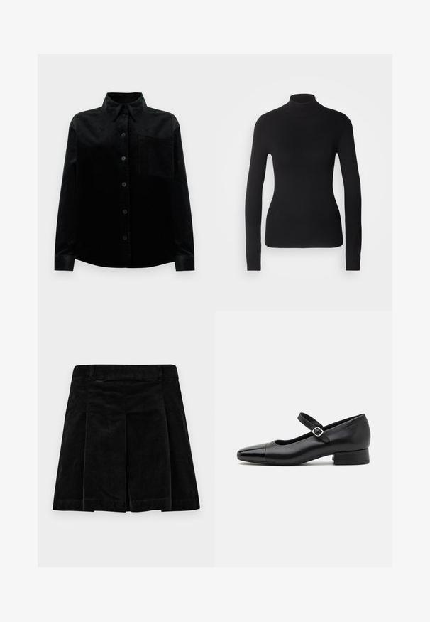 Pull à col roulé noir en maille légère. Il possède des manches longues, une coupe ajustée et une texture côtelée douce.; Chemise en velours côtelé noire à manches longues, avec un col classique, une fermeture à boutons sur le devant et une poche poitrine. Présente une texture côtelée sur l'ensemble.; Jupe en velours côtelé noir avec un design plissé, dotée d'une coupe droite, d'une surface texturée et d'une taille élastique pour un ajustement sécurisé.; Chaussures Mary Jane en cuir noir avec un embout en vernis, une sangle cheville réglable et un petit talon carré. Texture lisse et design élégant.