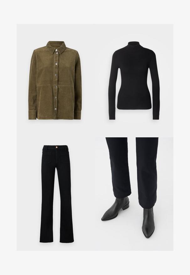 Pull à col roulé noir en maille légère. Il possède des manches longues, une coupe ajustée et une texture côtelée douce.; Veste chemise en velours côtelé vert olive avec col, manches longues, boutons argentés et texture ribbed verticale.; Jean droit noir taille haute avec poches avant plaquées et fermeture à bouton en cuivre sur un fond neutre.; Bottines en cuir noir à bout pointu, avec un talon épais et des panneaux latéraux texturés, portées avec un pantalon sombre sur fond blanc.