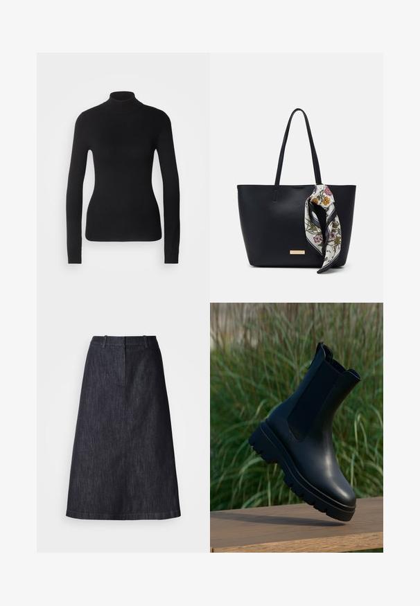 Mustem turtleneck-sviiter, mis on valmistatud kerge kudumiskangast. Omab pikki varrukaid, slim-fit lõiget ja pehmet soonikut.; Tume teksaskangast A-line seelik keskpika lõikega, millel on sile tekstuur ja lihtne vöökoht ilma nähtavate kinnitusteta.; Mustad nahast pahkluusaapad stiilse disainiga, ümarate varvastega, elastsete külgpaneelidega ja paksude, tekstuursete kummist talladega.; Mustast nahast käekott kahe õlapaelaga, millel on käepidemele seotud lilleline siidist sall ja metalline logo aktsent ees.