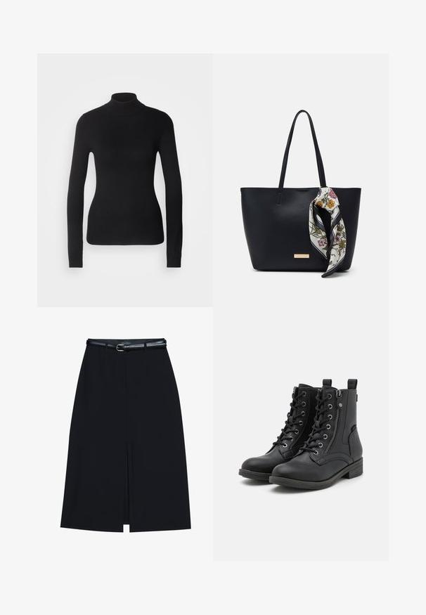 Sort turtleneck sweater lavet af let strikket stof. Har lange ærmer, et tætsiddende design og en blød ribbet tekstur.; Sort knælang nederdel med en foran slids, lavet af glat stof. Har et tyndt sort bælte med en sølvfarvet spænde og bæltestropper.; Sorte ankelstøvler lavet af læderlignende materiale, med snørebånd, en sidelukning med lynlås og teksturerede detaljer på overdelen og sålen. Lav blokhæl.; Sort læder tote taske med to skulderremme, prydet med et blomsterprint silkeslør bundet om håndtaget og en metallisk logo detalje på forsiden.
