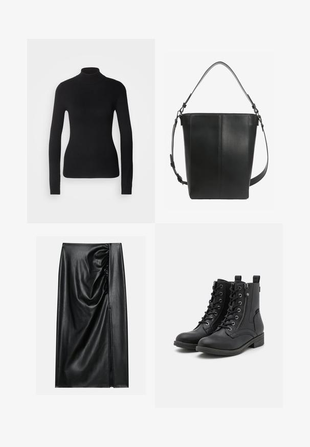 Pull à col roulé noir en maille légère. Il possède des manches longues, une coupe ajustée et une texture côtelée douce.; Jupe en cuir noir avec une texture lisse, présentant une section froncée sur un côté et une fente sur le côté pour un détail supplémentaire.; Bottes noires à la cheville en matériau semblable au cuir, avec des lacets, une fermeture éclair sur le côté et des détails texturés sur l'empeigne et la semelle. Talon bas.; Sac seau en cuir noir avec deux bretelles réglables et des détails de couture minimalistes sur un fond uni.