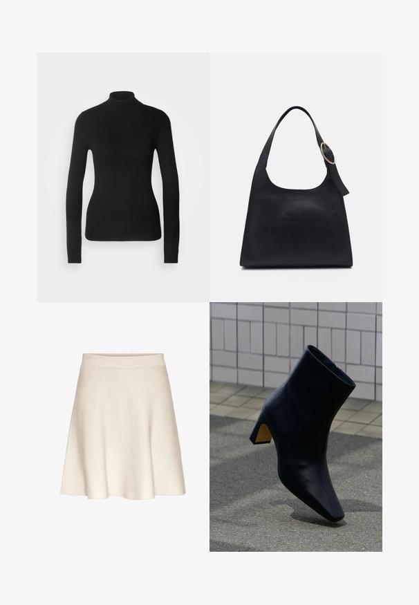 Sort turtleneck sweater lavet af let strikket stof. Har lange ærmer, et tætsiddende design og en blød ribbet tekstur.; En udvidet, beige nederdel lavet af blødt stof med en glat tekstur, der har et bredt taljebånd og en knælængde.; Sort læder ankelstøvle med blokhæl stående på grå belægning foran en lys flisevæg.; Sort læder tote taske med en glat overflade, rund form og en enkelt skulderrem med et cirkulært guld hardware-ornament.