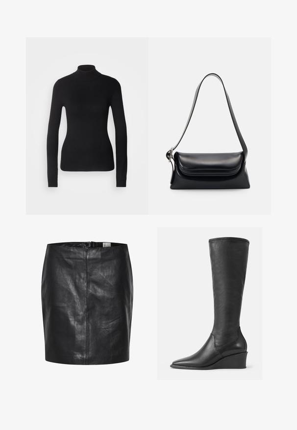 Sort turtleneck sweater lavet af let strikket stof. Har lange ærmer, et tætsiddende design og en blød ribbet tekstur.; Sort læderskirt med en glat overflade, høj talje og lukning med knap foran. Har en slank, minimalistisk silhuet. Ingen mønstre eller accenter.; Knæhøje sorte læderstøvler med en glat overflade, spids tå og kilehæl; har en syet kant øverst.; Sort læderhåndvask med en struktureret form, en glat overflade og en enkelt skulderrem. Har et subtilt, rundet klapdesign.