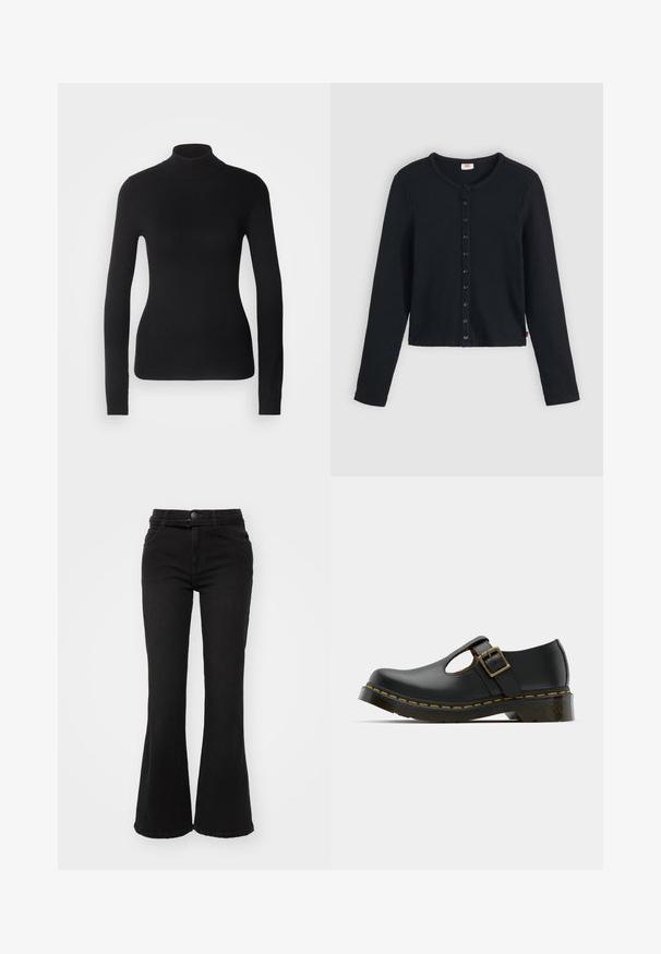 Sort turtleneck sweater lavet af let strikket stof. Har lange ærmer, et tætsiddende design og en blød ribbet tekstur.; Sort ribstrikket cardigan med rund halsudskæring, lange ærmer og en række af seks knapper foran. Blød tekstur, kort længde.; Sorte flare jeans med høj talje, lavet af denimstof. Har forlommer, knaplukning og en glat tekstur.; Sort lædersko med rund tå, ankelrem og spænde, lav hæl og gul syning langs sålen. Glat tekstur overalt.
