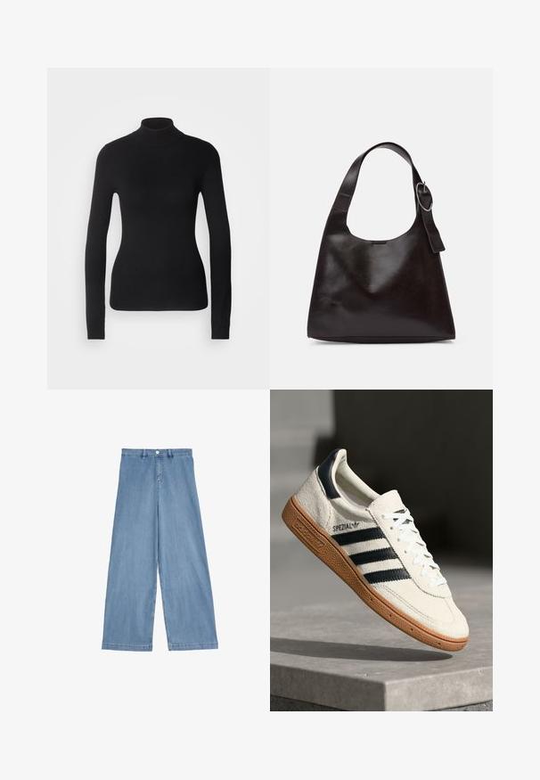 Sort turtleneck sweater lavet af let strikket stof. Har lange ærmer, et tætsiddende design og en blød ribbet tekstur.; Lyseblå vide jeans lavet af denim. Har høj talje, frontlukning med knap og lige ben med en ren kant.; Hvide ruskinds sneakers med marineblå striber, gummisål, struktureret overdel, rund tå og snøring; har branding på siden og tungen.; Brun læder skuldertaske med en glat tekstur, rund form, bred rem og cirkulært metalaccent på håndtaget.