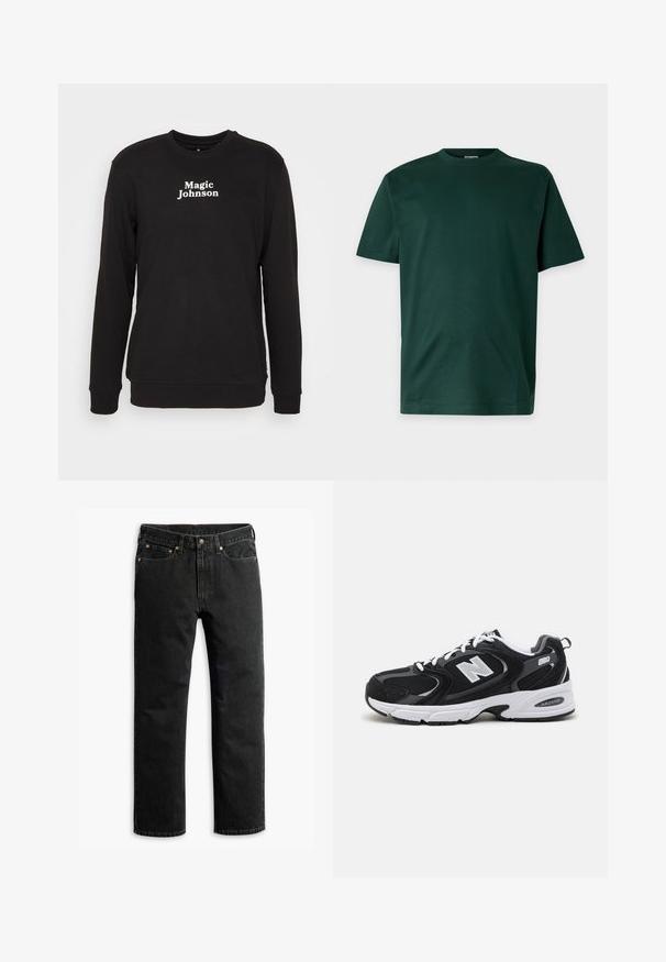 Only & Sons Sweats ONSCELEBRITY Sweat - Sweatshirt - black; Dunkelgrünes T-Shirt mit kurzen Ärmeln und Rundhalsausschnitt mit einfachem, schlichten Design auf weißem Hintergrund.; Schwarze Jeans im geraden Schnitt mit fünf Taschen, Gürtelschlaufen und einem Knopfverschluss an der Taille, flach auf einem weißen Hintergrund ausgelegt.; Schwarze und graue Sportschuhe mit Obermaterial aus Mesh und Wildleder, ausgestattet mit einer weißen Zwischensohle, Schnürsenkeln und einem markanten "N"-Logo an der Seite.