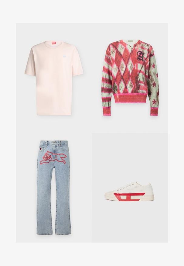 Pull manches longues col en V avec motifs en losanges et étoiles rouges, roses et blancs, avec un « A » stylisé noir sur la poitrine.; T-shirt rose clair à manches courtes et col rond avec petit logo Diesel bleu sur la poitrine et étiquette Diesel rouge à l'intérieur du col.; Jean en denim bleu clair avec une coupe droite, ornés d'un grand graphique de chat cartoon rouge au dos, et un style traditionnel à cinq poches.; Baskets en toile avec un dessus blanc, des accents en caoutchouc rouge et un design texturé. Elles présentent une tête arrondie et cinq œillets pour les lacets.