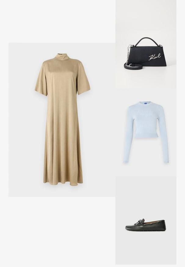 Lyseblå cropped sweater med lange ærmer. Har en ribbet halsudskæring og kant, med et subtilt tekstureret logo på tværs af forsiden.; Beige, knælængde kjole med høj hals og korte ærmer. Lavet af glat stof, med en afslappet pasform og et enkelt design.; Sorte læder bådsko med afrundet tå, stikninger, lille sløjfedetalje og gummisål. Glat tekstur og strømlinet design.; Sort læderhåndtaske med en trekantet form, sølv "Karl" logo detaljer og en aftagelig kædestrop. Glat tekstur og struktureret design.