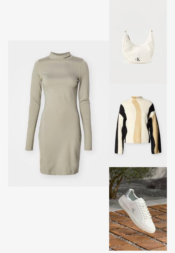 Striktrøje med abstrakte bølgemønstre i sort, beige og creme. Høj halsudskæring og lange ærmer. Blødt, tekstureret stof.; Lys olivengrøn langærmet kjole med høj hals, lavet af strækbart stof, med et subtilt logo på kraven. Skræddersyet pasform.; Hvide lavtop sneakers med et glat materiale, snørebånd og en sølvaccent på hælen. Har et diskret prægtet logo på siden.; Lille hvid halvmåneformet håndtaske med kort rem, lynlås og sort "cK"-logo foran.