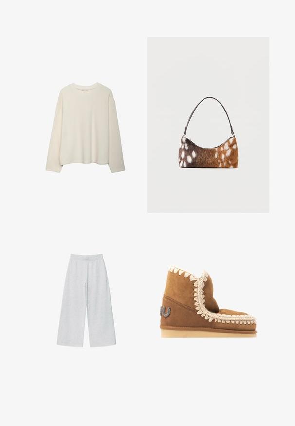 Pull-over crème à manches longues avec un col rond, d'une coupe décontractée et un col côtelé, présenté sur fond blanc.; Pantalons larges gris clair en tissu doux avec une taille élastique. Le design présente une coupe ample pour un confort et une liberté de mouvement.; Bottine en daim marron avec une couture décorative crème le long du bord supérieur et un détail de logo métallique sur le côté extérieur. Semelle plate.; Sac à bandoulière en fausse fourrure tachetée marron et blanche avec une fine sangle noire, présenté sur un fond blanc.