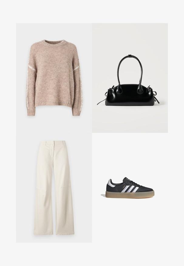 JDY JDYZOEY LIFE - Jersey de punto - chateau gray; Pantalones de pierna ancha en una tela de algodón color crema. Presentan una cintura alta, un diseño estructurado y detalles de costura mínimos. Parte delantera plana con bolsillos.; Zapatilla deportiva de cuero negro con tres rayas plateadas, punta texturizada y suela de goma. Cuenta con un collar acolchado y un diseño con cordones.; Pequeño bolso negro brillante con dos asas largas y detalles de cordón lateral sobre un fondo claro liso.