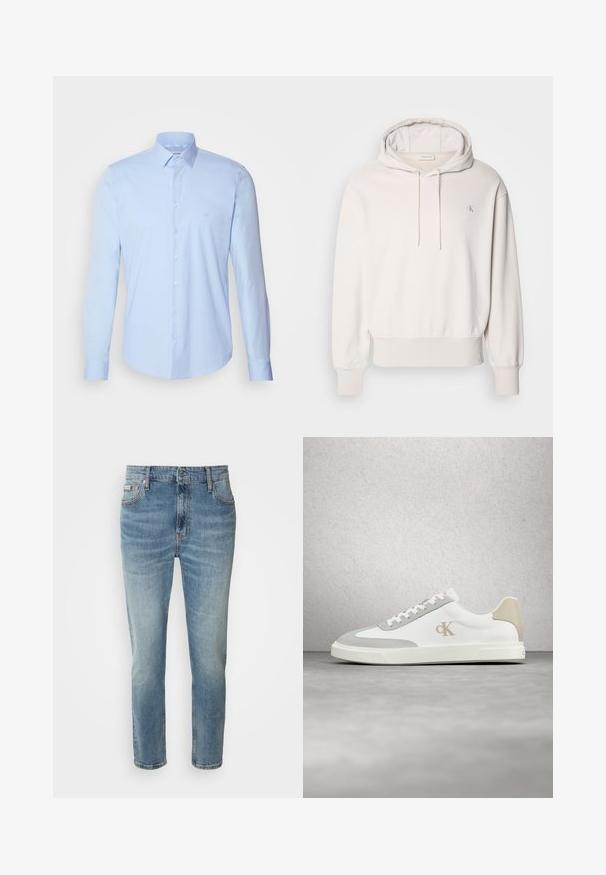 Sudadera de crema clara con cordón y bolsillo tipo canguro; cuenta con puños y dobladillo acanalados, y un pequeño logo bordado en el pecho.; Camisa de botones azul claro hecha de algodón, con un cuello clásico, mangas largas y un pequeño logotipo en el pecho. Textura suave.; Vaqueros de mezclilla azul claro con corte recto, cinco bolsillos y un ligero desgaste. Cuentan con un cierre de botón y cremallera, así como una cinturilla clásica.; Zapatilla blanca de Calvin Klein con detalles en ante beige y logo, flotando sobre un suelo liso gris con fondo de pared de bloques de vidrio.