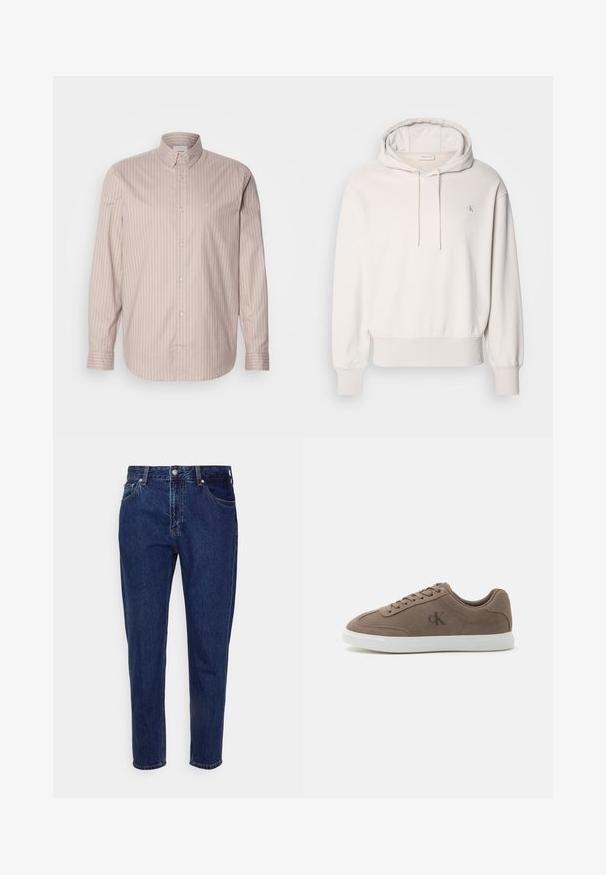 Sudadera de crema clara con cordón y bolsillo tipo canguro; cuenta con puños y dobladillo acanalados, y un pequeño logo bordado en el pecho.; Camisa de botones de manga larga beige con rayas verticales blancas, cuello puntiagudo y un pequeño logotipo bordado en el pecho.; Vaqueros de mezclilla azul oscuro de corte recto, con cierre frontal de botón y cremallera, trabillas para cinturón y bolsillos delanteros y traseros.; Zapatilla baja de ante color topo con cordones beige, suela de goma blanca y sutil logotipo "cK" en el lateral.