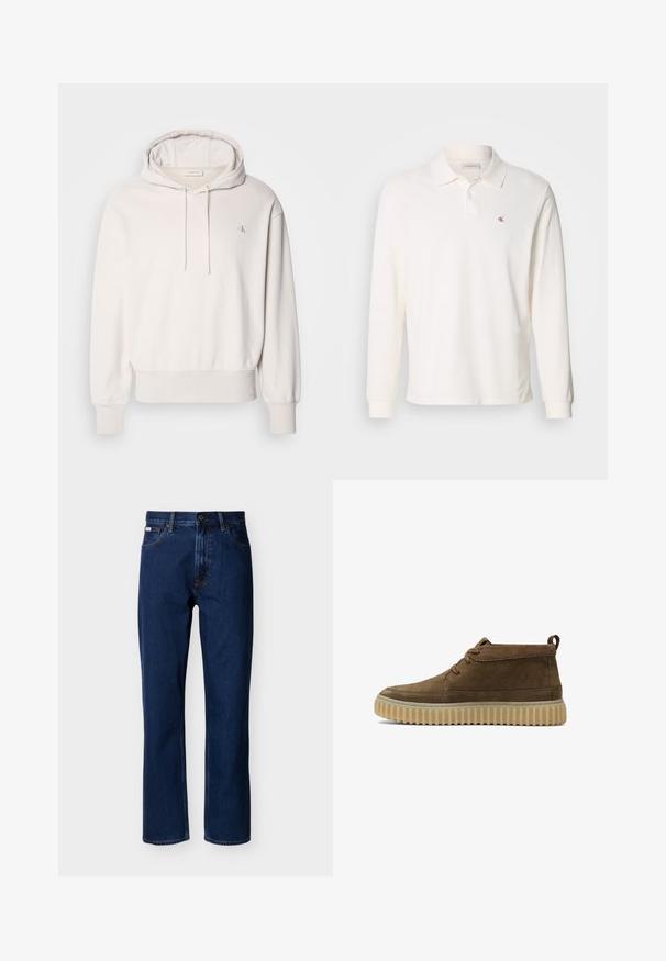 Sudadera de crema clara con cordón y bolsillo tipo canguro; cuenta con puños y dobladillo acanalados, y un pequeño logo bordado en el pecho.; Polo de manga larga de color crema hecho de algodón, con un logo rojo bordado en el pecho izquierdo y un diseño de cuello clásico.; Vaqueros azul oscuro de corte recto hechos de mezclilla, con un diseño clásico de cinco bolsillos, costuras sutiles y cierre frontal con botón.; Botines de ante marrón con punta redondeada, costuras mínimas y suela de goma gruesa y texturizada. Presenta un diseño de cordones y una pestaña en el talón.