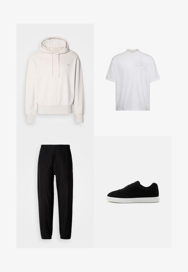 Sudadera de crema clara con cordón y bolsillo tipo canguro; cuenta con puños y dobladillo acanalados, y un pequeño logo bordado en el pecho.; Camiseta blanca de manga corta con cuello alto simulado, con un sutil logo "ck" en relieve en el pecho izquierdo.; Pantalones de chándal negros con cintura elástica, piernas ajustadas y dobladillos. Textura de tela suave. Detalle del logo en un lado.; Zapatilla negra de corte bajo con cordones delanteros, logo sutil "ck" en el lateral y suela gruesa de goma blanca sobre fondo claro y liso.