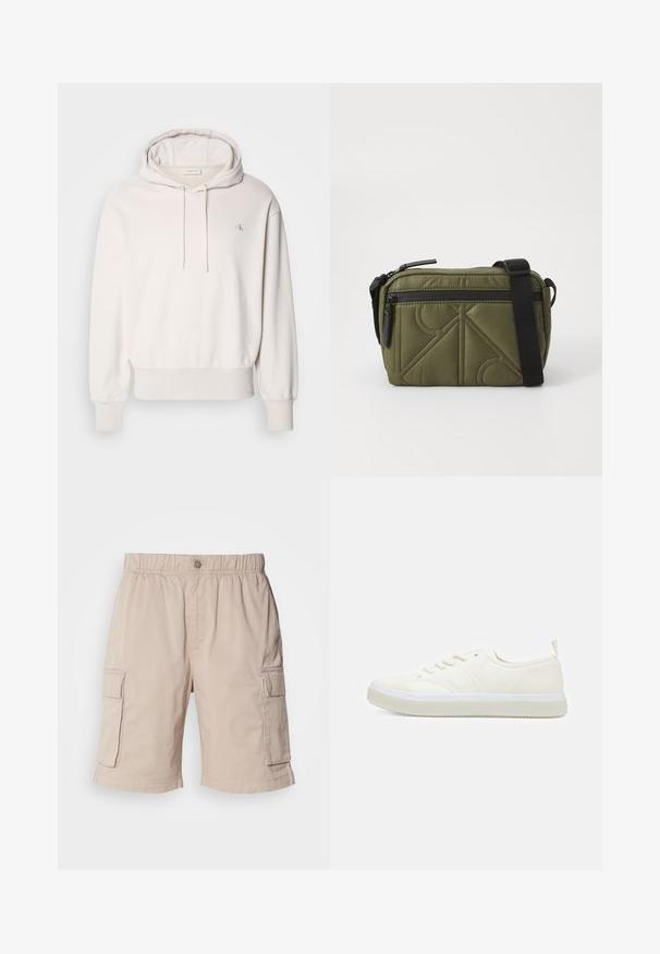 Sudadera de crema clara con cordón y bolsillo tipo canguro; cuenta con puños y dobladillo acanalados, y un pequeño logo bordado en el pecho.; Pantalones cortos de carga beige con cintura elástica, cierre de botón, dos bolsillos laterales y bolsillos adicionales en los muslos. Tejido ligero.; Calvin Klein TOP LACE UP UNIFIT - Zapatillas - salt bay; Bolso de tela acolchada de color verde olivo con una correa negra, que cuenta con un cierre superior de cremallera y un bolsillo exterior con cremallera adornado con patrones geométricos.