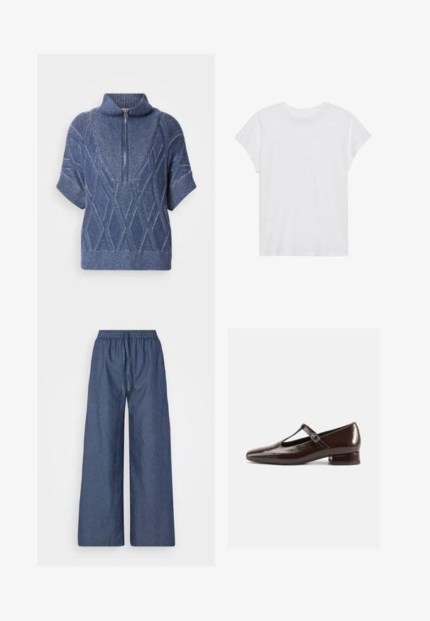 Pull en tricot bleu avec un col haut zippé, des manches courtes et des motifs en losange. Tissu texturé avec des fils clairs contrastants.; T-shirt blanc à manches courtes, col rond, coupe décontractée, en tissu de coton doux. Texture lisse, sans motifs ni logos.; Pantalons amples légers à rayures bleues et blanches, avec une taille à cordon de serrage et un bandeau élastique, en tissu doux et à coupe décontractée.; Chaussures Mary Jane en cuir verni marron avec un bout arrondi, un design ajouré et une bride réglable. Talon bas bloc.