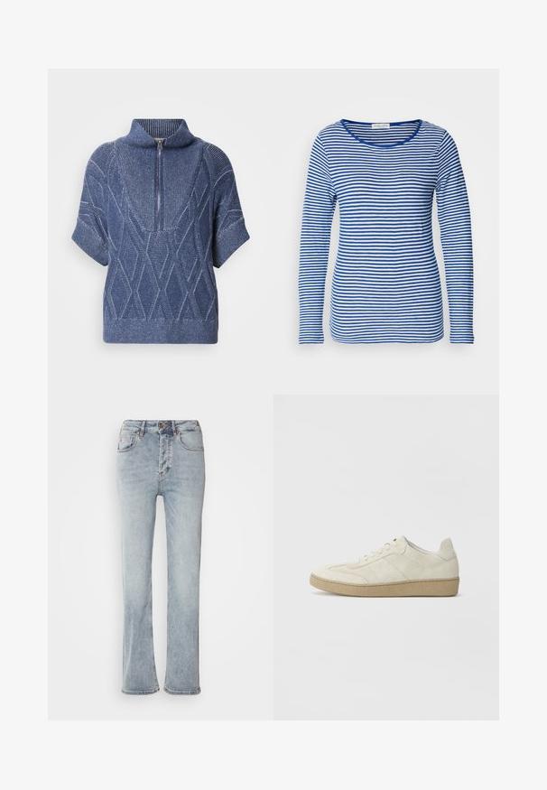 Blå strikket sweater med lynlås i høj krave, korte ærmer og diamantmønstre. Struktureret stof med kontrasterende lyse tråde.; Langærmet skjorte med scoop-hals, prydet med skiftende blå og hvide vandrette striber. Fremstillet af blødt, letvægtsstof.; Lysblå denimjeans med høj talje, lige ben-design og en let udskæring ved kanten. Har syninger som accent og en lynlås foran.; Beige ruskind sneakers med et struktureret design, flad gummisål og karakteristisk sidesyning. Rund tå og polstret krave.