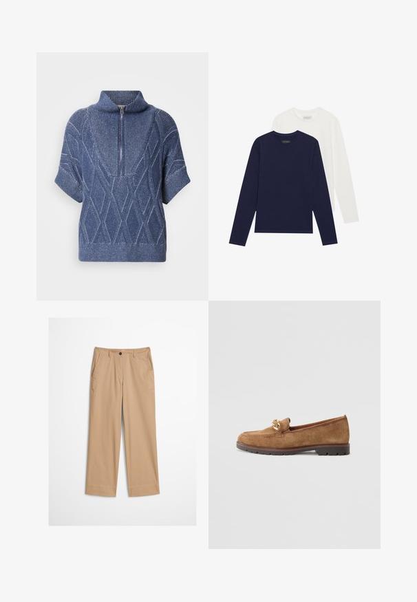 Pull en tricot bleu avec un col haut zippé, des manches courtes et des motifs en losange. Tissu texturé avec des fils clairs contrastants.; Deux t-shirts à manches longues, l'un bleu marine et l'autre blanc, fabriqués en coton doux. Les deux présentent des encolures rondes et des ourlets droits.; Pantalon beige en coton avec jambes droites, fermeture à bouton sur le devant et texture lisse. Comprend des passants de ceinture standard et un design à l'avant plat.; Tamaris Chaussons - camel