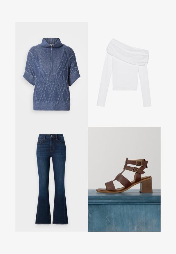 Blå strikket sweater med lynlås i høj krave, korte ærmer og diamantmønstre. Struktureret stof med kontrasterende lyse tråde.; Hvid off-the-shoulder top med lange ærmer og draperet halsudskæring. Lavet af glat stof med en tætsiddende silhuet.; TOM TAILOR STELLA darkblue; Brune læderhøjhælede sandaler med flere stropper og gyldne spænder. Firkantet tå og tekstureret blokhæl. Glat indre foret.