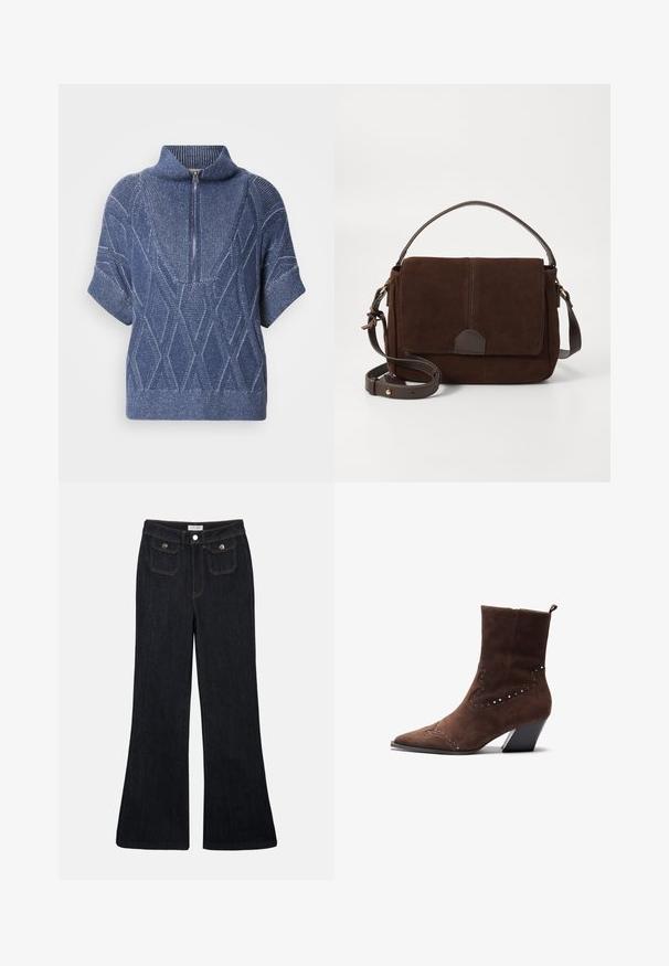 Blauwe gebreide trui met een gesloten hoge kraag, korte mouwen en ruitpatronen. Getextureerde stof met contrasterende lichte garens.; Flared donkerdenim jeans met een hoge taille, twee voorzakken en oranje stiksels. Het materiaal lijkt stevig en glad.; Bruine suède enkellaars met een spitse neus, versierd met zilveren studs in een decoratief patroon, en een gestapelde hak voor stabiliteit.; Bruine suède schoudertas met een platte voorflap, bruine leren accenten, een verstelbare schouderriem en een minimalistisch ontwerp.