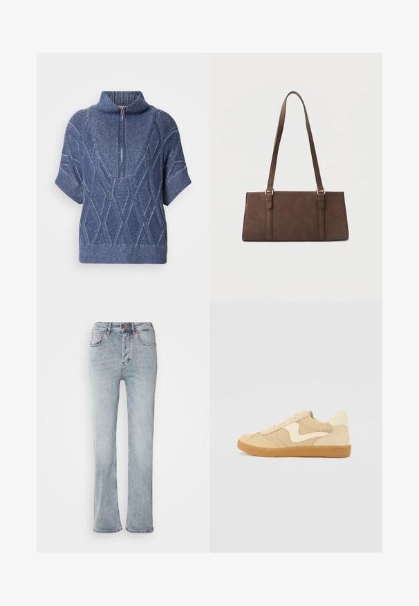 Blå strikket sweater med lynlås i høj krave, korte ærmer og diamantmønstre. Struktureret stof med kontrasterende lyse tråde.; Lysblå denimjeans med høj talje, lige ben-design og en let udskæring ved kanten. Har syninger som accent og en lynlås foran.; Beige sneakers med ruskind og mesh-materialer, rund form, fremtrædende polstret krave og en gummikondisko. Har et bølge-design som accent.; Brun rektangulær skuldertaske med lange stropper og minimale syningsdetaljer på en ensfarvet baggrund.