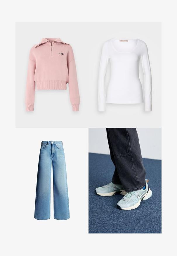 Lyserød ribstrikket sweater med halv lynlås ved kraven, lange ærmer og "GAP" logo på brystet, kort skåret kant.; Langærmet hvid bomulds T-shirt med rund halsudskæring og tætsiddende design, med glat tekstur og uden udsmykninger.; Højtaljede lyseblå vidde-ben denimjeans med forlommer, bæltestropper, knaplukning og lynlås.; Lyseblå mesh Nike sneakers med struktureret finish, sort swoosh og cremefarvet mellemsål, parret med mørkegrå vide bukser.