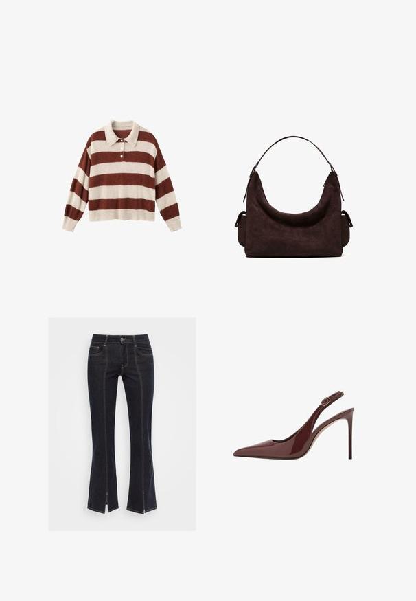 Strikket pullover sweater med krave og vandrette striber i creme og rust. Blød tekstur med en afslappet, cropped pasform og knaplukning.; Mørkeblå denim flared jeans med forlommer, synlig syning og slidser i bunden, prydet med et klassisk talje bånd og metalknap.; Mørkebrune patentlæder slingback højhælede sko med spids tå, justerbar spænde og slank stiletthæl.; Mørkebrunt ruskind hobo-task med en enkelt skulderrem og sidelommer med lynlås mod en ensfarvet hvid baggrund.
