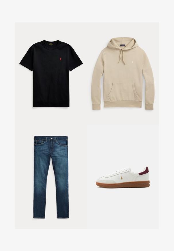 Beige hooded sweatshirt met frontzak, trekkoord in de capuchon, geribde boorden en klein geborduurd logo op de borst.; Zwarte katoenen t-shirt met korte mouwen, ronde hals en klein rood geborduurd logo op de linkerborst. Gladde textuur, casual design.; Donkerblauwe slim-fit jeans met vooraan een knoop en ritssluiting, vijf zakken en subtiel vervagen op de voorkant van de dijen en knieën.; Witte lage sneaker met bruine rubberen zool, gouden polo speler logo aan de zijkant, witte veters en bordeaux suède hieltab, merk Ralph Lauren.