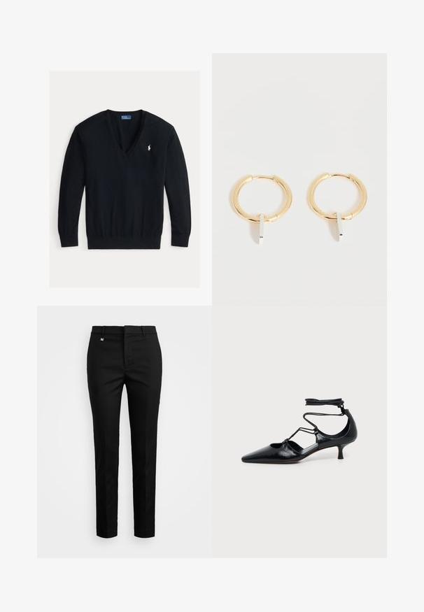 Schwarzer Langarm-V-Ausschnitt-Pullover mit gerippten Bündchen und Saum, mit kleinem weißem besticktem Polo Ralph Lauren Logo auf der linken Brust.; Schwarze Hosen mit maßgeschneidertem Schnitt, glatter Textur und flacher Vorderseite mit dezenten Falten. Inklusive Bund mit Gürtelschlaufen und kleinem Logo.; Schwarzer spitzer Kitten-Heel-Schuh mit Knöchelriemen und Cutout-Details an den Seiten, dargestellt auf einfachem, hellem Hintergrund.; Goldene Creolen mit kleinen vertikalen silbernen rechteckigen Anhängern, dargestellt auf weißem Hintergrund.
