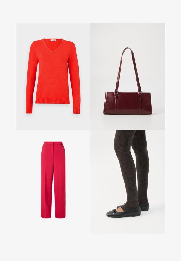 Suéter rojo de cuello en V con mangas largas, puños y dobladillo acanalados, hecho de material suave, con textura clásica de punto y líneas limpias.; Pantalones rojos de cintura alta y pierna ancha con pasadores de cinturón y cierre frontal oculto sobre un fondo blanco.; Piernas con leggings oscuros acanalados combinados con bailarinas negras que presentan pequeños detalles de lazo sobre un fondo blanco.; Bolso burdeos hecho de material brillante, de forma rectangular, con dos asas para el hombro y sutiles acentos curvados en la parte frontal.