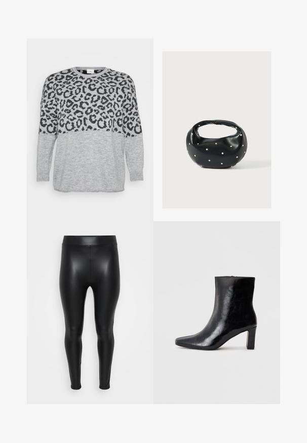 Grauer Pullover mit schwarzem Leopardenmuster im oberen Bereich, gerippter Ausschnitt und Bündchen, weiche Textur und lockere Passform.; Schwarze Leggings aus einem glatten, glänzenden Material. Hoher Bund, enganliegendes Design und keine sichtbaren Nähte oder Muster.; Schwarze Knöchelstiefel aus glänzendem Leder mit spitzem Zustand und mittelhohem Blockabsatz, mit glatter Textur und einfachem Design.; Schwarze Lederhandtasche mit abgerundeter Form, verziert mit silbernen Nietenakzenten und kurzem Griff. Glatte Struktur und Reißverschlussverschluss.