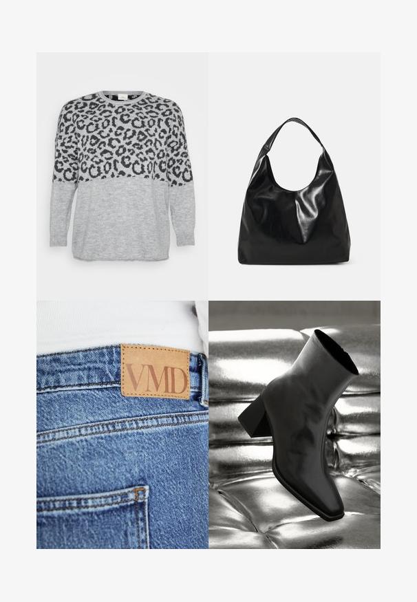 Grå sweater med sort leopardprintdesign over den øverste del, ribbet halsudskæring og manchetter, blød tekstur og løst fit.; Nærbillede af blå denimjeans med brun læderetiket syet på linningen med teksten "VMD".; Sorte ankelstøvler lavet af glossy materiale med firkantet tå og spidse hæle, sat mod en skinnende sølv tuftet baggrund.; Sort læder hobo taske med en blød, skinnende tekstur og en rund, åben top. Har en bred, buet strop til bæring. Ingen synlig hardware.