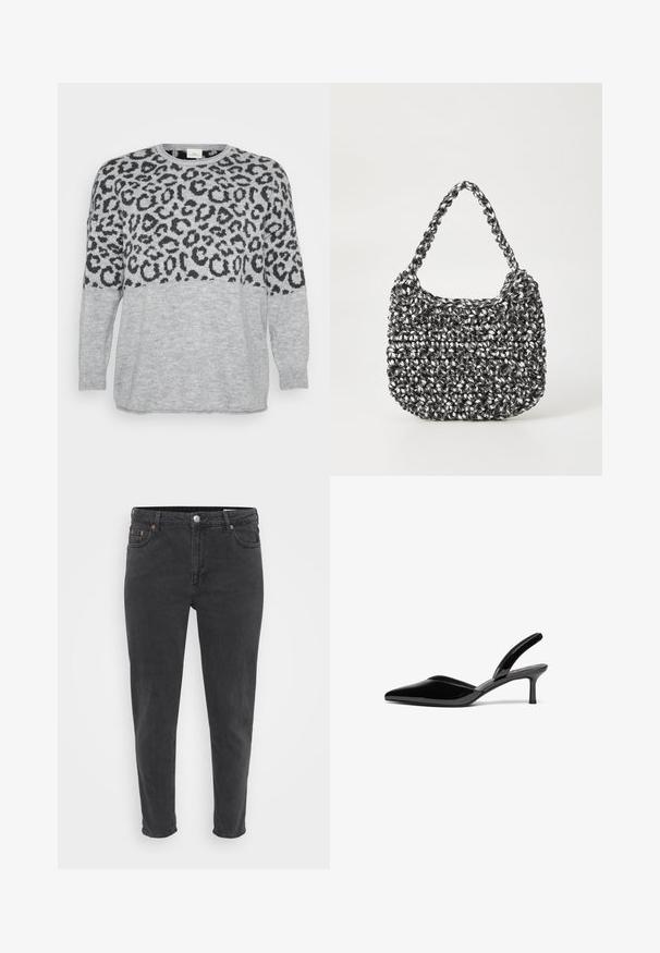 Pull gris avec un motif léopard noir sur le haut, encolure et poignets côtelés, texture douce et coupe ample.; Jean en denim noir slim fit avec bouton et fermeture éclair à l'avant, passants de ceinture et cinq poches, présenté sur un fond clair et uni.; Escarpins à talon aiguille en cuir verni noir, avec un bout pointu, un talon aiguille bas et un design élégant et simple sans embellissements.; Sac en osier noir et blanc de forme arrondie, avec une surface texturée et une poignée tressée. Convient à un usage décontracté.