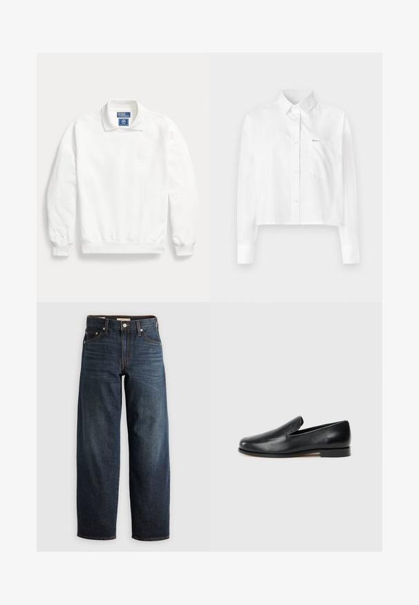 Sudadera blanca de manga larga con cuello, puños acanalados, emblema bordado en el pecho y etiqueta Polo by Ralph Lauren en el interior del cuello.; Camisa blanca recortada con botones y mangas largas, que cuenta con un cuello y un bolsillo en el pecho. Hecha de tela lisa sin estampados.; Jeans oscuros de denim, con un diseño de pierna recta, estilo de cinco bolsillos, y acentos de costura superior con cierre de botón.; Mocasines de cuero negro con textura suave, puntera redondeada, costuras mínimas y tacón plano. Sencillos, sin hardware visible ni acentos.