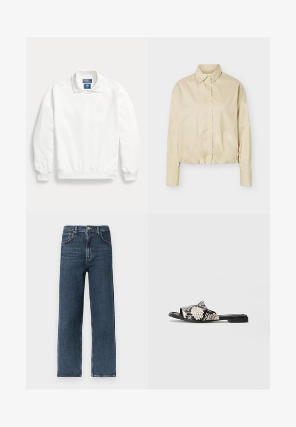 Witte lange mouwen trui met kraag, geribde boorden, geborduurd embleem op de borst en Polo by Ralph Lauren label binnen in de kraag.; Beige overhemd met lange mouwen en knopen, spitse kraag en elastische zoom, plat uitgespreid op een lichte achtergrond.; Donkerblauwe jeans met rechte pijpen, gemaakt van denim, voorzien van een ontwerp met vijf zakken, riemlussen en een knoopsluiting aan de tailleband.; Open-toe slidesandalen met een zwart-wit slangenpatroon, platte zwarte zool en minimalistisch ontwerp. Gladde textuur, synthetische materialen.
