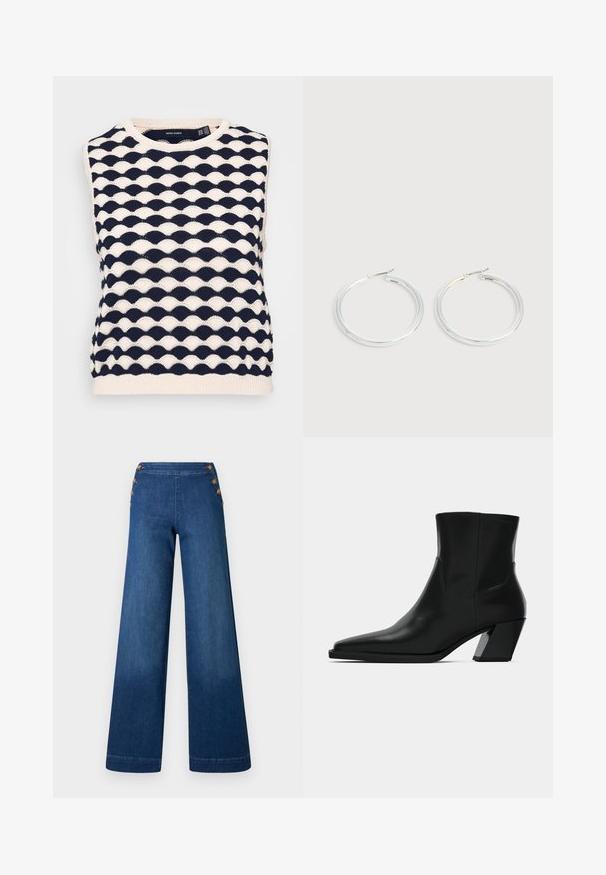 Pull-over sans manches en tricot bleu marine et crème avec un motif ondulé texturé. Encolure ronde et ourlet côtelé. Fabriqué en tissu tricoté doux.; Pantalon en denim bleu foncé à jambes larges. Il présente un devant plat avec cinq boutons dorés pour la fermeture. Texture lisse avec une finition classique.; Bottine en cuir noir avec un bout pointu, une silhouette élégante et un talon carré massif. Texture lisse avec des détails de couture minimalistes.; Paire de boucles d'oreilles créoles argentées brillantes avec fermoirs en fil fin, présentée sur un fond gris clair.